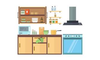 Home kitchenware, food and devices in color flat illustration vector
