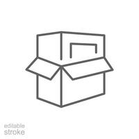 Product packaging icon. Simple outline style. Box, package, carton, cardboard, distribution, open package, delivery service concept. Thin line symbol. isolated. Editable stroke. vector