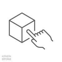 mano señalando cubo icono. sencillo contorno estilo. aumentado realidad, 3d, innovación, virtual tecnología, digital, Arkansas tecnología concepto. Delgado línea símbolo. aislado. editable ataque. vector