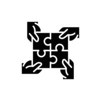 Hands connecting puzzle icon. Simple solid style. 4 hands connecting four puzzle pieces into a full square, community concept. Black silhouette, glyph symbol. isolated. vector