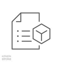 producto especificación icono. sencillo contorno estilo. tecnología documentación, técnico, estándares, código, cubo, tecnología concepto. Delgado línea símbolo. aislado. editable ataque. vector