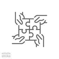 Hands connecting puzzle icon. Simple outline style. 4 hands connecting four puzzle pieces into a full square, community concept. Thin line symbol. isolated. Editable stroke. vector