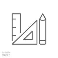 Ruler and pencil icon. Simple outline style. Triangle, pen, triangular, school, drawing, learning, study, geometry, education concept. Thin line symbol. isolated. Editable stroke. vector