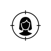 Female user target icon. Simple solid style. Woman, user target, approach, person, centric, graphic, people, business concept. Black silhouette, glyph symbol. isolated. vector