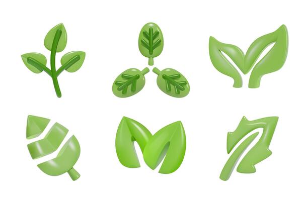Set of green leaf icons in various shapes. Nature and environment concept for design and print. Illustration collection.