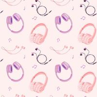 Pattern of headphones and earphones on pink background. Seamless design of music accessories. vector