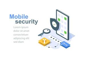 móvil seguridad moderno proteger teléfono inteligente desde robos y hacker ataques bandera isométrica vector