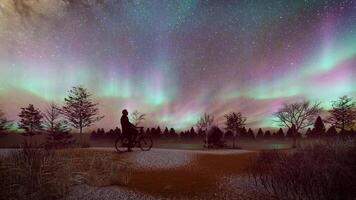 Northern Lights Moving with a Man Sitting on a Bicycle 3d Animation video