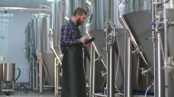 Adult Male brewer with a beard monitors the readings of beer tanks using a tablet. Craft beer production video