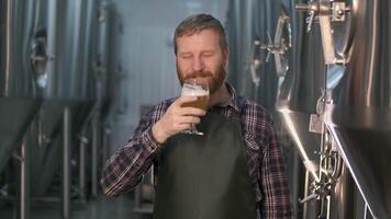 Portrait of a brutal businessman brewer with a beard demonstrates the quality of freshly brewed beer in a glass from a beer tank while standing in a beer factory. 4K video