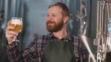 portret. geslaagd zakenman mannetje brouwer cheques de kleur van vers gebrouwen bier van een bier tank terwijl staand in een bier fabriek. video