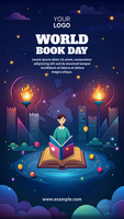 A poster for World Book Day featuring a boy reading a book psd