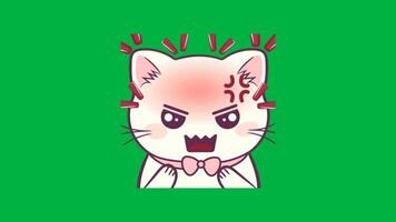 animado contração muscular corrente emote apresentando uma fofa branco kawaii gato acenando e Bravo com vermelho testa, engraçado emote para serpentinas isolado em verde tela video