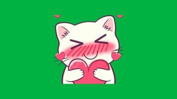 Animated Twitch stream emote featuring a cute white kawaii cat holding a heart and nuzzling, funny emote for streamers isolated on green screen video