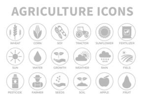 agricultura redondo contorno icono conjunto de trigo, maíz, soja, tractor, girasol, fertilizante, sol, agua, crecimiento, clima, lluvia, campos, pesticida, granjero semillas, suelo, manzana, Fruta iconos vector