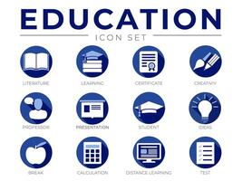 Blue Education Icon Set with Literature, Learning, Certificate, Creativity, Presentation and Distance Learning Test Icons vector