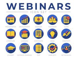 Colorful Webinar Icon Set. Presentation, Development, Webinars, Networking, Teamwork, Guide, Literature, Learning, Certificate, Ideas, Creativity, Distance Learning, Student, Test Round Icons. vector