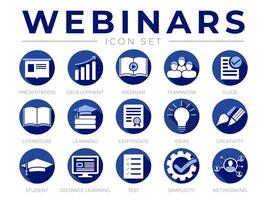 Round Blue Webinar Icon Set. Presentation, Development, Webinars, Networking, Teamwork, Guide, Literature, Learning, Certificate, Ideas, Creativity, Distance Learning, Student, Test, Simplicity Icons. vector