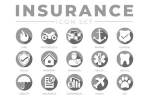 Round Gray Insurance Icon Set with Car, Property, Fire, Life, Pet, Travel, Dental, Commercial, Health, Marine, Liability Insurance Icons vector