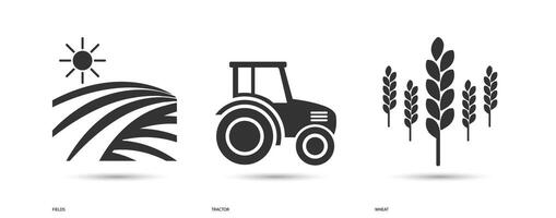 Field, Tractor and Wheat Icon Set with Shadows vector
