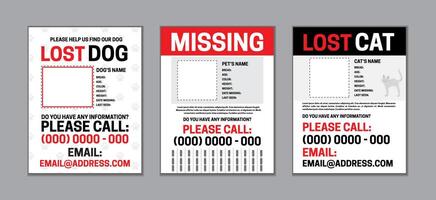 Missing or Lost Pet Page Template Set with Dog and Cat Design vector