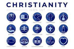 Blue Round Outline Christianity Icon Set with Faith, Bible, Crucifixion , Baptism, Church, Resurrection, Holy Spirit, Saints, Commandments,Light, Protection, Justice, Safety and Love Thin Icons vector