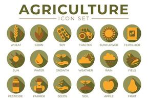 natural agricultura redondo icono conjunto de trigo, maíz, soja, tractor, girasol, fertilizante, sol, agua, crecimiento, clima, lluvia, campos, pesticida, granjero semillas, suelo, manzana, Fruta iconos vector