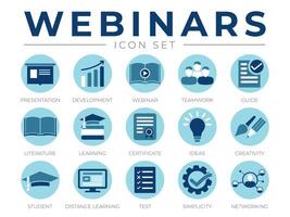 Round Webinar Icon Set. Presentation, Development, Webinars, Networking, Teamwork, Guide, Literature, Learning, Certificate, Ideas, Creativity, Distance Learning, Student, Test, Simplicity Icons. vector