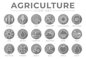 agricultura contorno plano y gris redondo icono conjunto de trigo, maíz, soja, tractor, girasol, fertilizante, sol, agua, crecimiento, clima, lluvia, campos, pesticida, agricultor, semillas, suelo, manzana, Fruta íconos vector