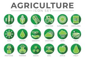 Green Colorful Agriculture Round Icon Set of Wheat, Corn, Soy, Tractor, Sunflower, Fertilizer, Sun, Water, Growth, Weather, Rain, Fields, Pesticide, Farmer, Seeds, Soil, Apple, Fruit Icons. vector