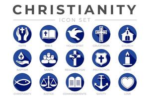 Blue and White Christianity Icon Set with Faith, Bible, Crucifixion , Baptism, Church, Resurrection, Holy Spirit, Saints, Commandments,Light, Protection, Justice, Safety and Love Color Icons vector