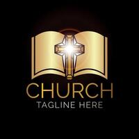 oro cristiano Iglesia logo diseño con Biblia vector