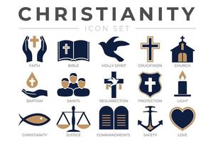 Christianity Icon Set with Faith, Bible, Crucifixion , Baptism, Church, Resurrection, Holy Spirit, Saints, Commandments,Light, Protection, Justice, Safety and Love Christian Icons vector