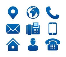 Contact Info Icon Set with Address Pin, Phone, Fax, Cell Phone, Worker and Email Icons. vector