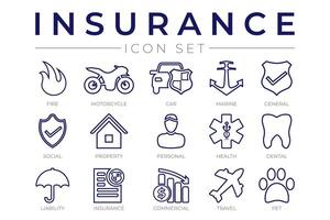 contorno seguro icono conjunto con auto, propiedad, fuego, vida, mascota, viajar, dental, comercial, salud, marina, responsabilidad web íconos vector