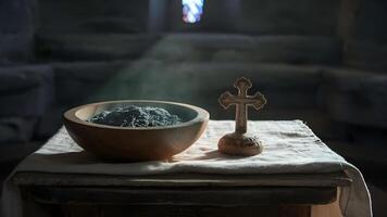 Ash Wednesday Concept Bowl with Ash and Holy Cross photo