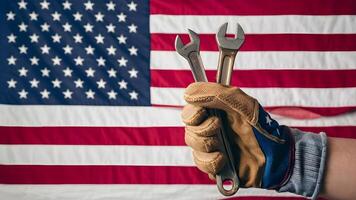 Worn Work Glove Holding Old Wrench and US American Flag Labor Day Concept photo