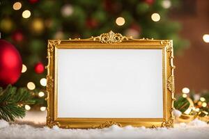 oro ornamento blanco marco con Navidad antecedentes foto