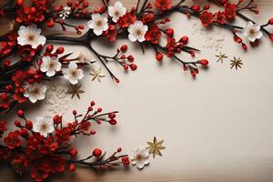 Red and white sakura branch on a white background photo