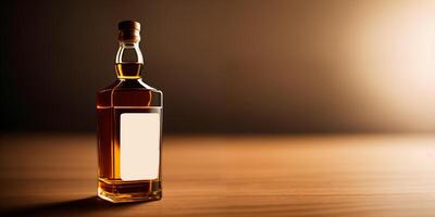 Glass bottle of whiskey on wood table photo