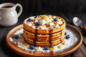 Belgian round waffles with blueberries on wood plate photo