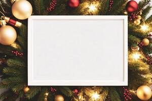 White horizontal blank frame with christmas toys background photo