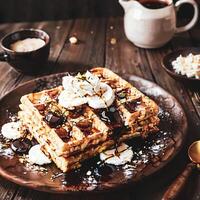 Belgian waffles with cream on wood plate photo