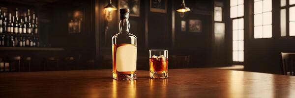 A single bottle of whiskey with glass on the bar counter, dark colored image photo