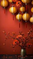China new year lanterns and decorations on red background photo