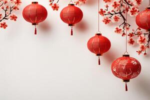 Chinese red lanterns with cherry branches with copy space photo