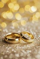 dorado votos, un par de oro Boda anillos reluciente en contra un bokeh fondo, capturar el esencia de eterno compromiso. foto