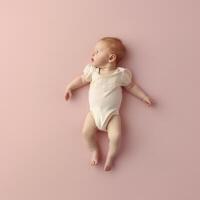 Top View of a Five-Month-Old Baby, Lying Against a Light Pastel Pink Background. photo