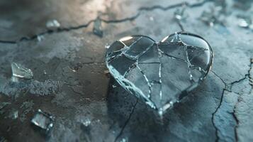 Broken glass heart on surface heartbreak concept photo