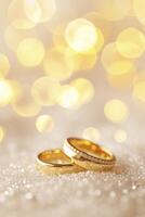 dorado votos, un par de oro Boda anillos reluciente en contra un bokeh fondo, capturar el esencia de eterno compromiso. foto